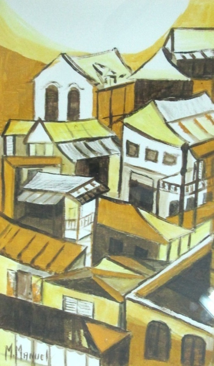 Michele Manuel (1935-2022) 17"x11" The Village 2005  Acrylic on Paper on Board #J383