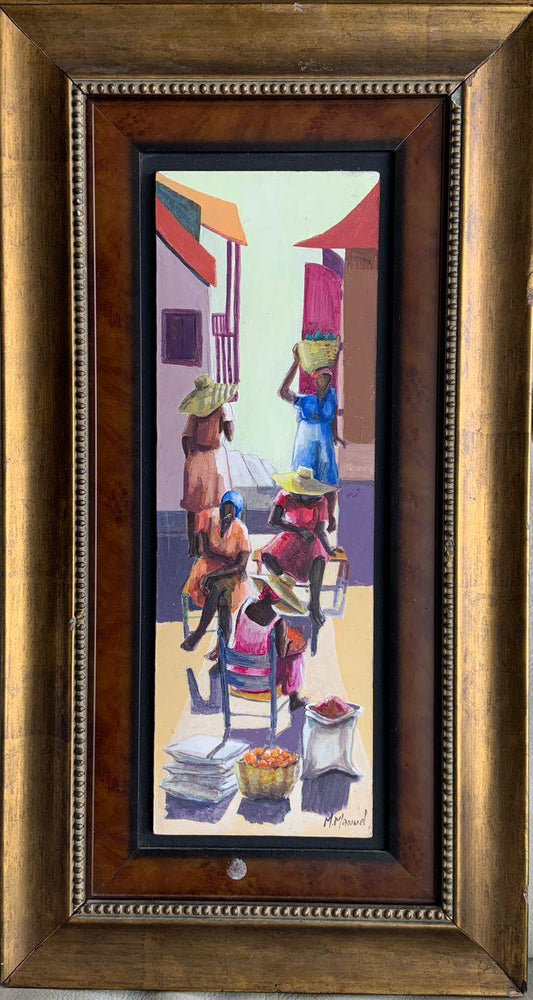 Michele Manuel (haitiano, n. 1935) "Scene de Marche" 1998 Acrílico enmarcado sobre pintura de masonita 24" de alto x 8" de ancho #2GSN-NY