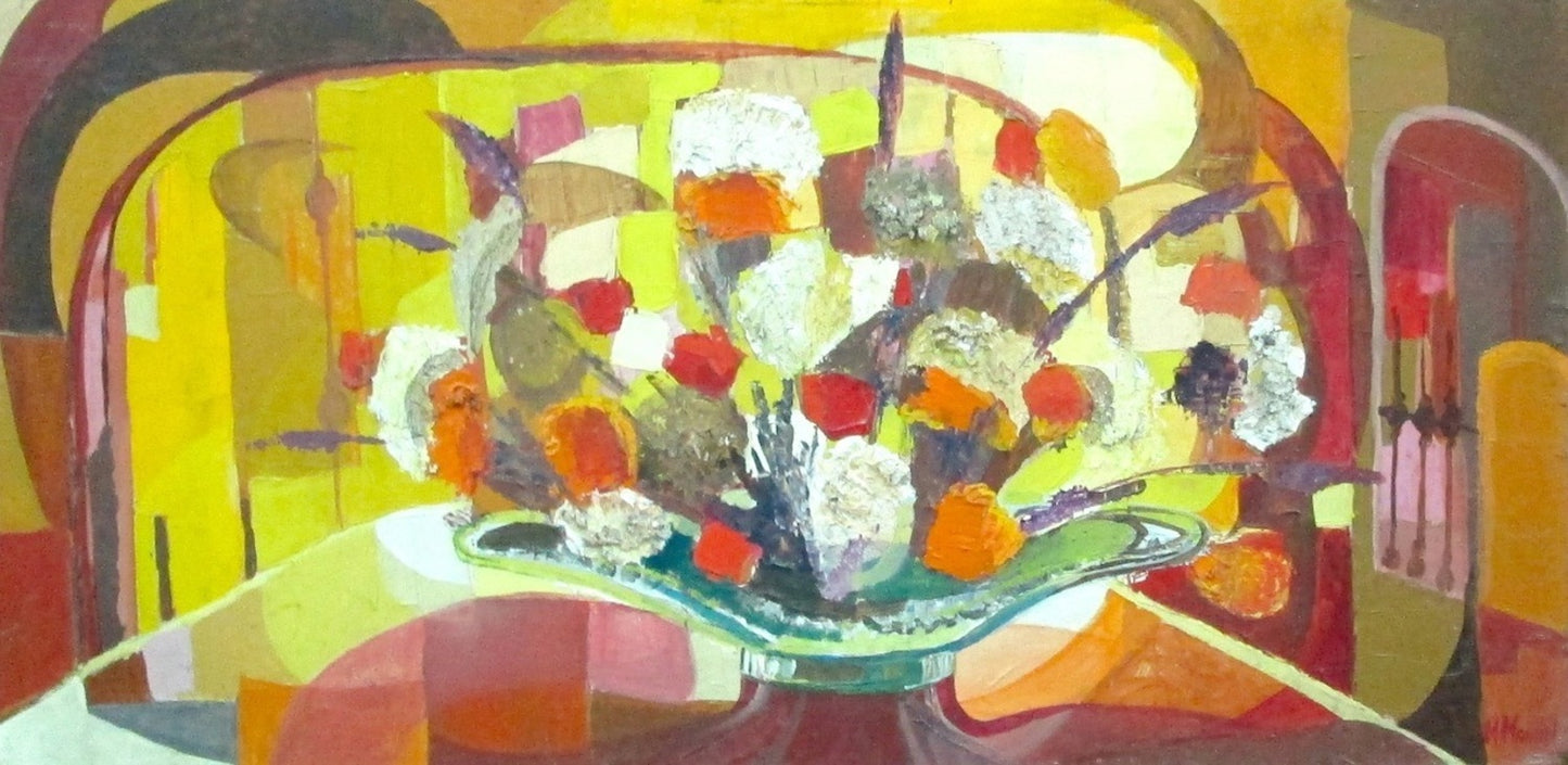Michele Manuel (1935-2022) 18"x36" Vase of Flowers 1962 Acrylic on Canvas Painting #J409