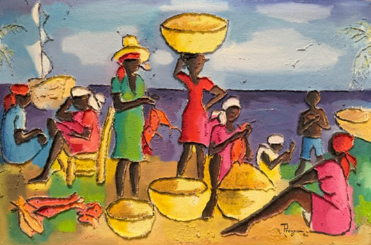 Haitian oil painting Market at the Port by Micheline Prezeau of women trading fish and yellow bowls by the sea