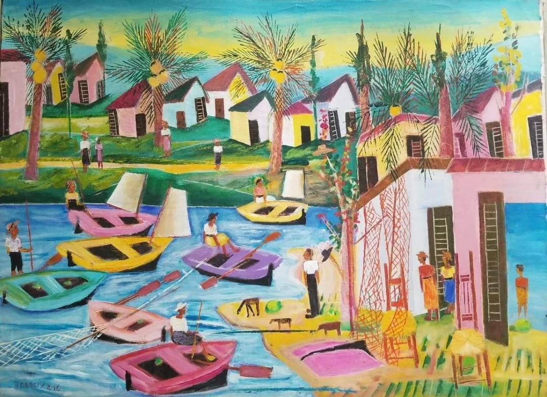 Nicolas Dreux (1956-2021) 24"x32" Village, Port et Cocotiers Acrylique sur Toile Peinture #6JN-HA 