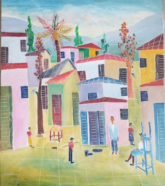 Nicolas Dreux (1956-2021) 31"x36" Village Scene with Figures Acrylic on Canvas Painting #7JN-HA