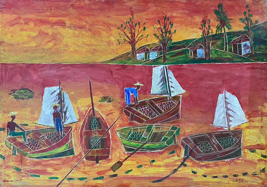 Nicolas Dreux (1956-2021) 24"x32" Marine Scene with Five Boats Acrylic on Canvas Painting #8JN-HA