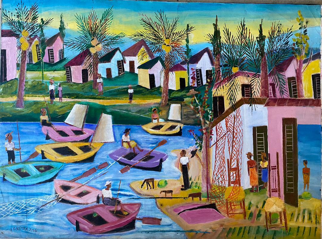 Nicolas Dreux (1956-2021) Scène marine 30"x40" avec port et village acrylique sur toile peinture #9JN-HA 