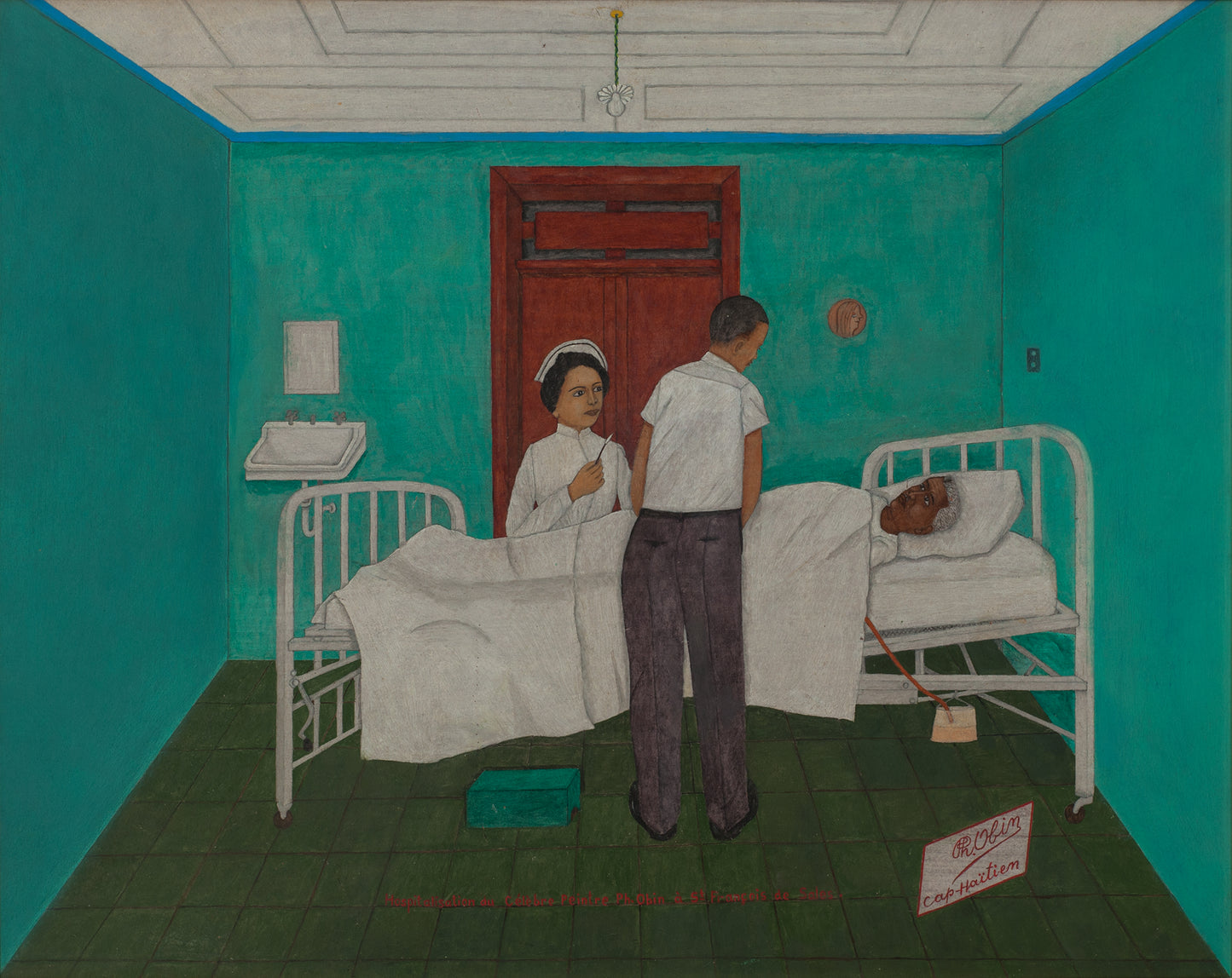 Philome Obin (1891-1986) 16"x20" Le Malade Huile sur carton Peinture #2-3-96GSN-HA-Fondation Marie &amp; Georges S Nader