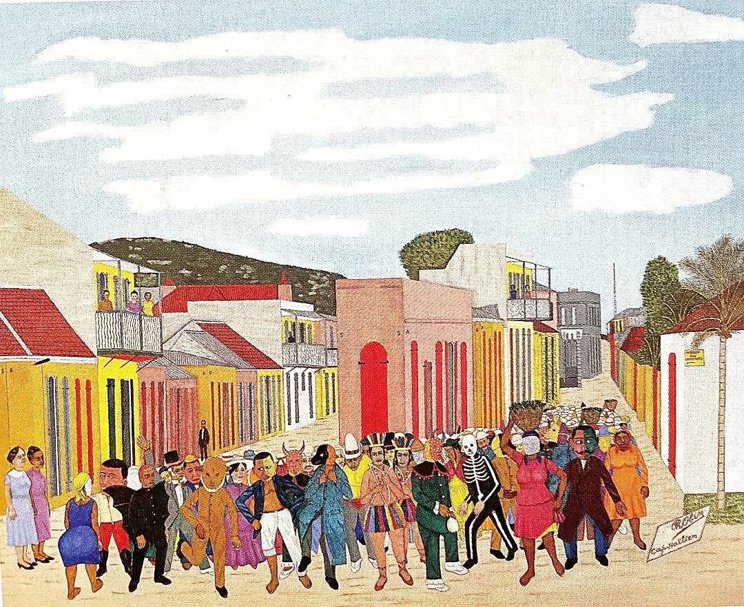 Philome Obin (1891-1986) 24"x30" Carnaval 1946 Peinture à l'huile sur carton - Publié dans "Peintres Haitiens" #15-3-96GSN-HA