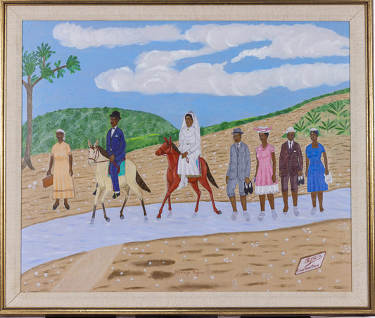 Philome Obin (1891-1986) 19 ½" x 26 ½" Mariage paysan c1980 Huile sur carton Peinture encadrée #30SS