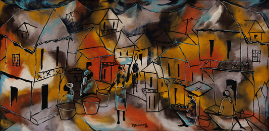 Paul Beauvoir Haitian village street painting with figures, houses, and market scene, oil on board 35.5 x 17.25 inches, 1987, Connecticut collection