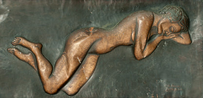 Jean Baptiste Pericles (1930-1989) 17.5"x36" Sleeping Lady Mixed Media on Bronze Metal Unframed -Foundation Marie & Georges S. Nader #1-3-96GSN-HA