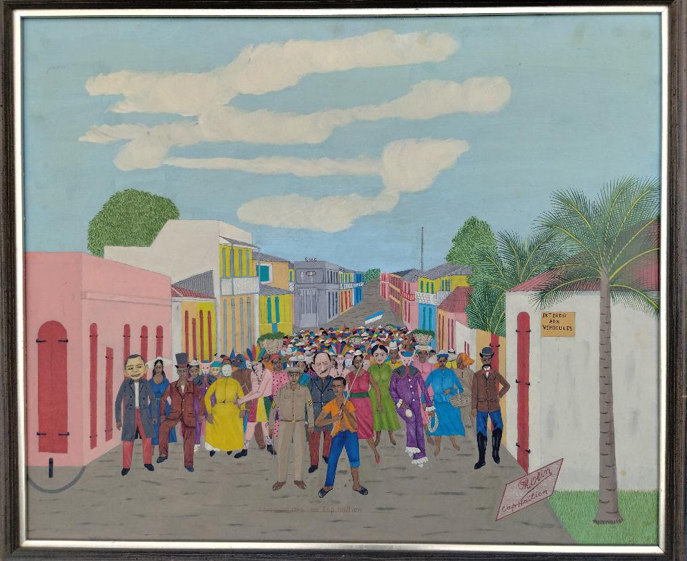 Philome Obin (1891-1986) 20"x24" Carnaval 1946 au Cap Haïtien Huile sur Tableau Peinture Encadrée #1RR