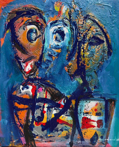 Philippe Dodard Bleu de Guérison acrylic on canvas with expressive abstract figures in blue orange and black contemporary Haitian art painting