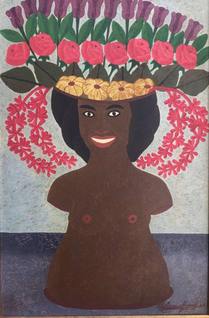 Philippe Auguste 1981 oil painting of a smiling woman wearing a colorful floral crown, Haitian modernist portrait from a private collection in the Dominican Republic.