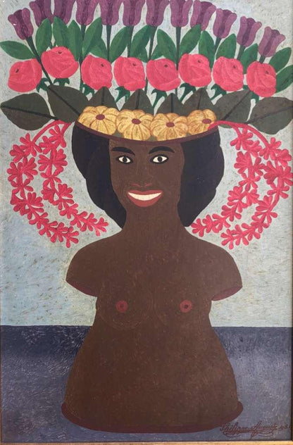 Philippe Auguste 1981 oil painting of a smiling woman wearing a colorful floral crown, Haitian modernist portrait from a private collection in the Dominican Republic.