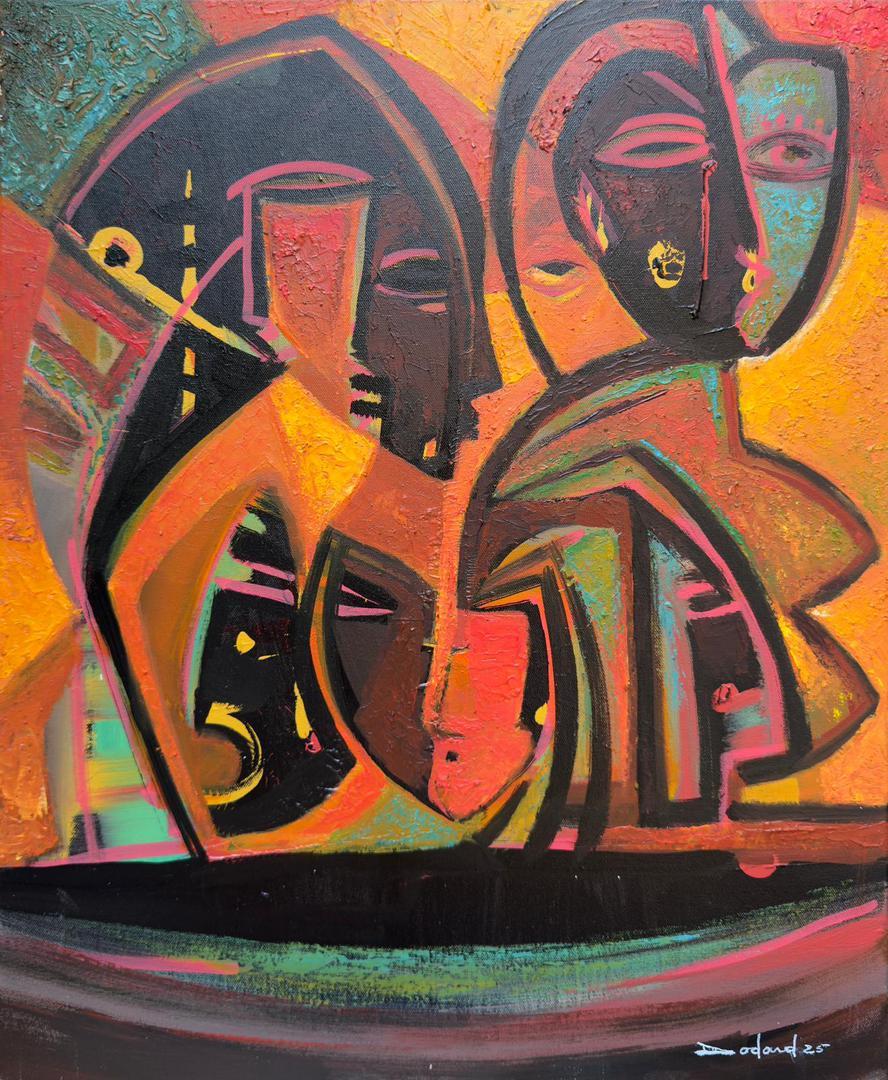 Philippe Dodard Quête d’Espoir 2025 Haitian acrylic painting on canvas with two abstract mask-like figures in orange red palette, 24 x 20 inches 