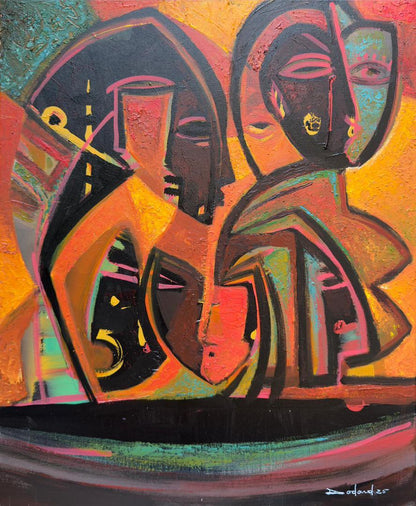 Philippe Dodard Quête d’Espoir 2025 Haitian acrylic painting on canvas with two abstract mask-like figures in orange red palette, 24 x 20 inches 