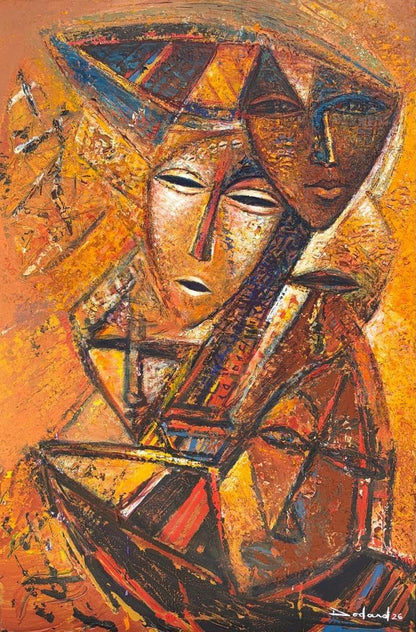 Philippe Dodard 2026 acrylic on canvas painting titled Beyond the Horizon showing angular abstracted faces in warm gold, orange, and rust tones