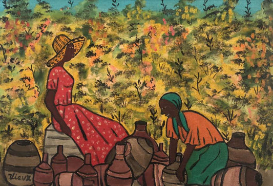 Philippe Vieux painting of two Haitian women beside a fruit basket, oil on board, 16x12 inches, unframed.