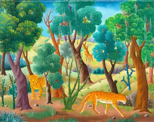 Philton Latortue 16”x 20” Haitian Jungle Landscape with Leopard, Tiger & Deer 1977 Oil on Canvas Unframed Painting #1-2-95MFN
