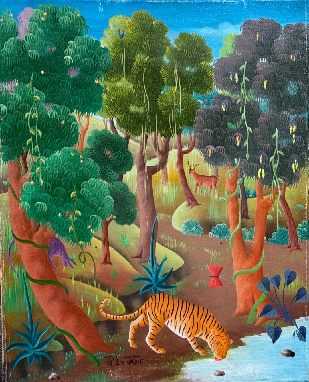 Philton Latortue 20"x16" Vintage Haitian Jungle Landscape with Tiger and Deer 1977 Oil on Canvas Unframed Painting#3-2-95MFN