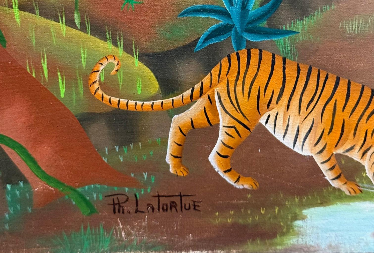 Philton Latortue 20"x16" Vintage Haitian Jungle Landscape with Tiger and Deer 1977 Oil on Canvas Unframed Painting#3-2-95MFN