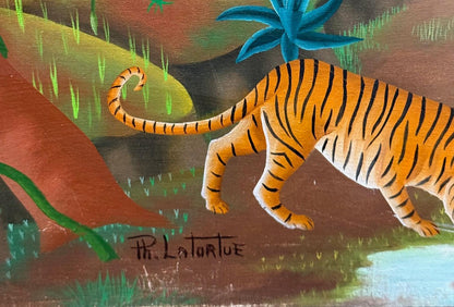 Philton Latortue 20"x16" Vintage Haitian Jungle Landscape with Tiger and Deer 1977 Oil on Canvas Unframed Painting#3-2-95MFN