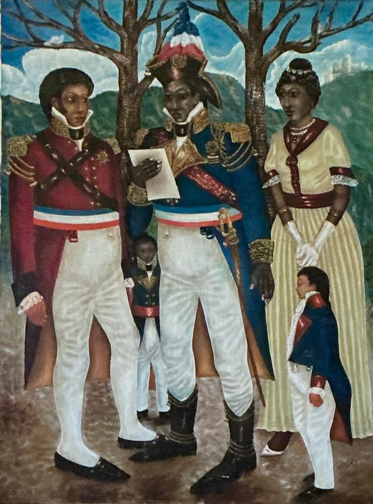 Pierre-Louis Riché oil painting of high-ranked general with wife and children, Haitian historical scene with Citadelle reference, vintage condition