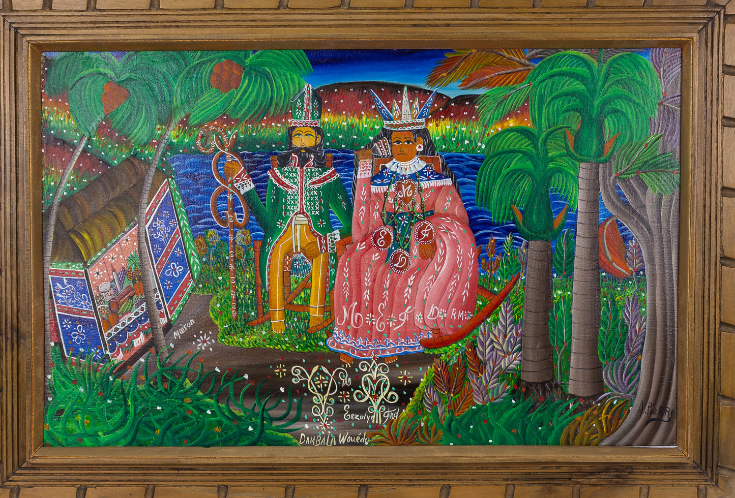 Andre Pierre (1914-2005) 20"x32" "Erzuly Freda Dambala Wouedo" c1980 Oil on Canvas Framed Painting  #22SS
