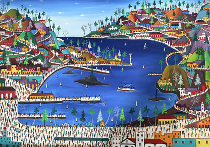 Haitian art Prefete Duffaut original oil painting La Ville Imaginaire imaginary coastal city 1976