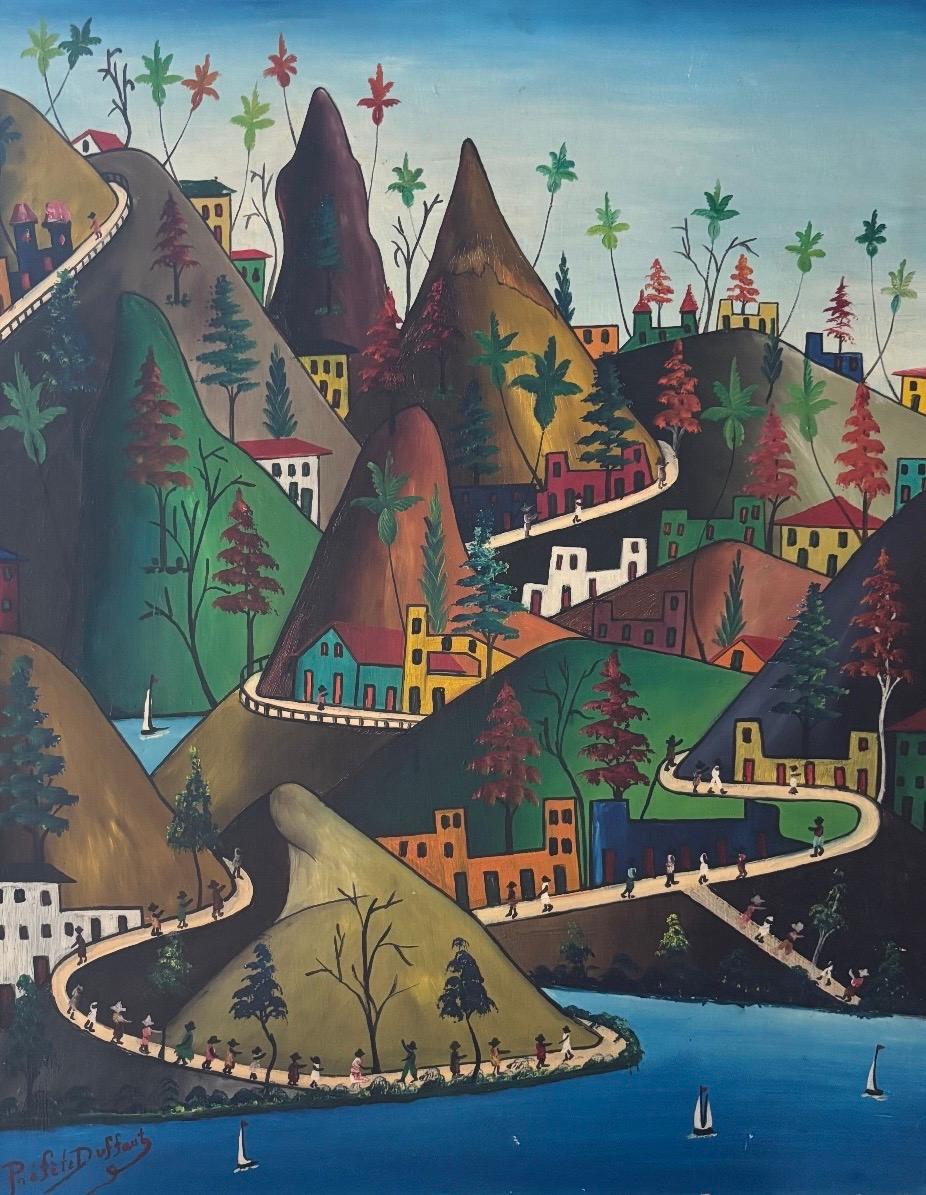 Préfète Duffaut oil on board painting titled La Ville Imaginaire, c. 1960, depicting a hillside Haitian village with winding roads and colorful houses