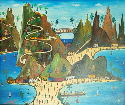 Colorful illustration of a coastal landscape with mountains, roads, and people.