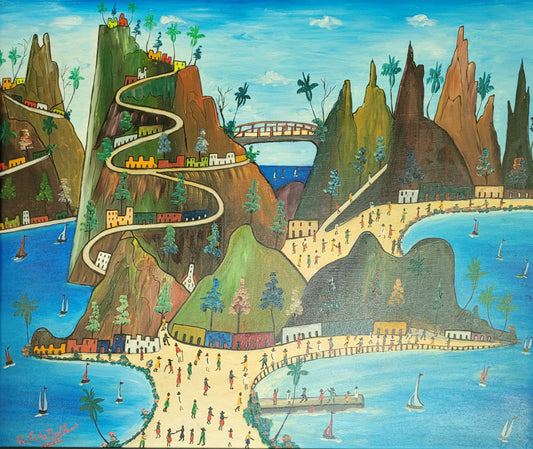 Colorful illustration of a coastal landscape with mountains, roads, and people.