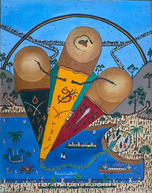 Prefete Duffaut 2007 Haitian Vodou ceremony oil painting with rainbow, veve symbols, serpent motifs, and ritual figures.