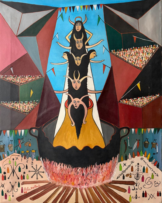 Prefete Duffaut Haitian Vodou ceremony painting with veve symbols and ritual fire, oil on canvas 1980 Haitian art.