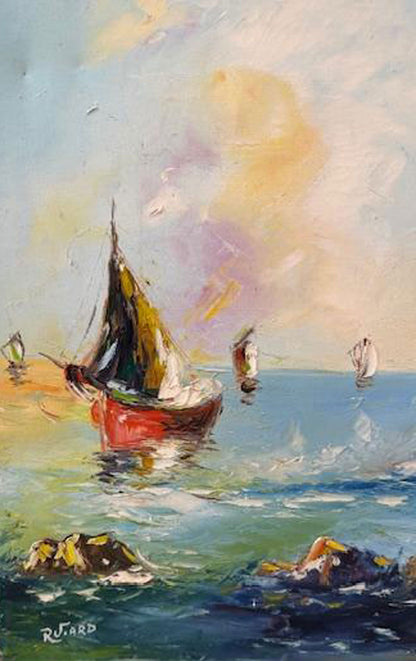 Raoul Viard Haitian sailboats seascape painting with red boat and ocean waves, oil on canvas 24 × 18 inches.