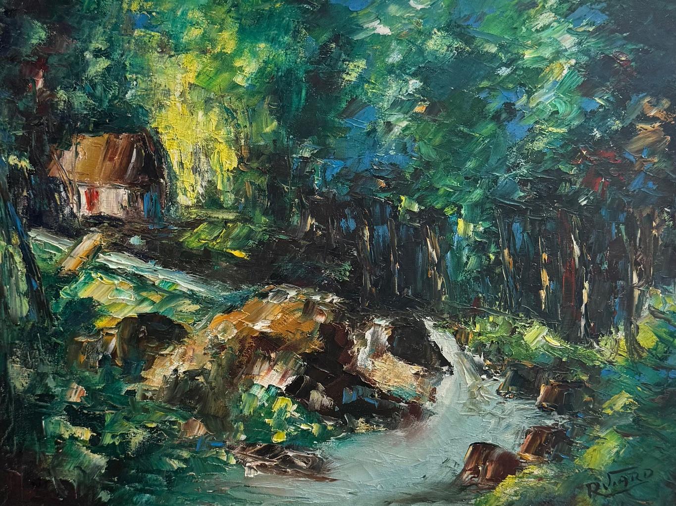 Painting of a forest scene with a stream and a house.