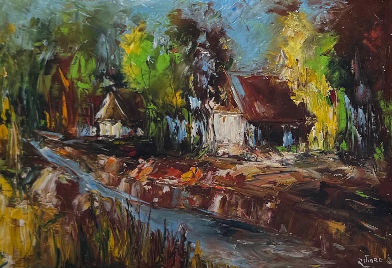 Painting of a village scene with houses and trees