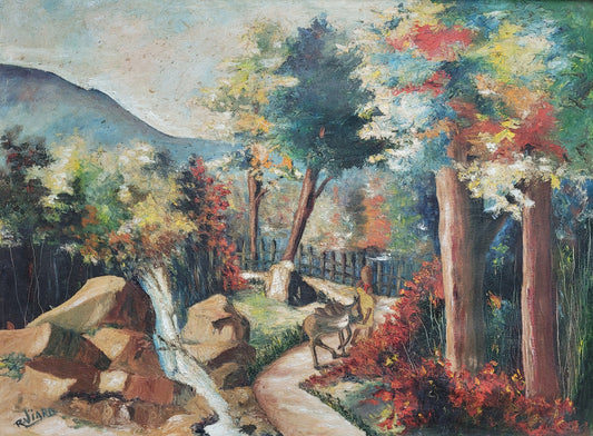 Colorful landscape painting with trees, rocks, and a path
