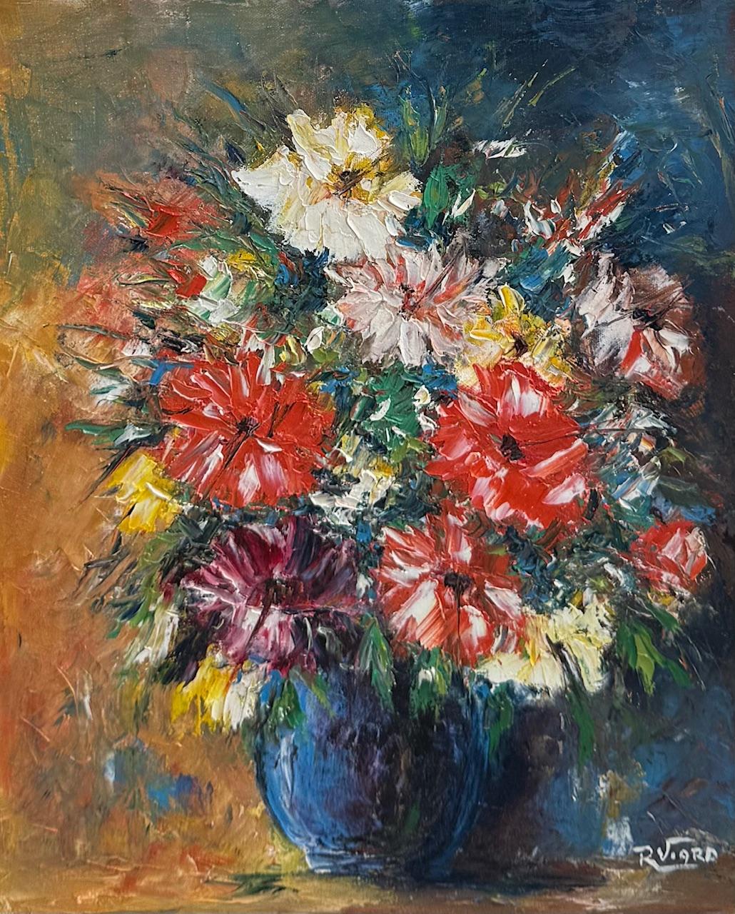 Oil painting of a bouquet of flowers in a blue vase on a textured background