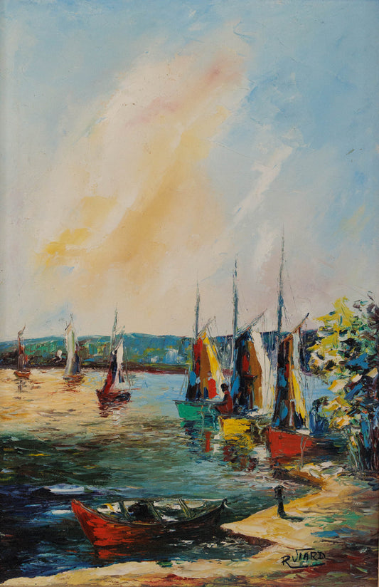 Raoul Viard Haitian harbor painting with sailboats and water reflections, colorful seascape oil on canvas