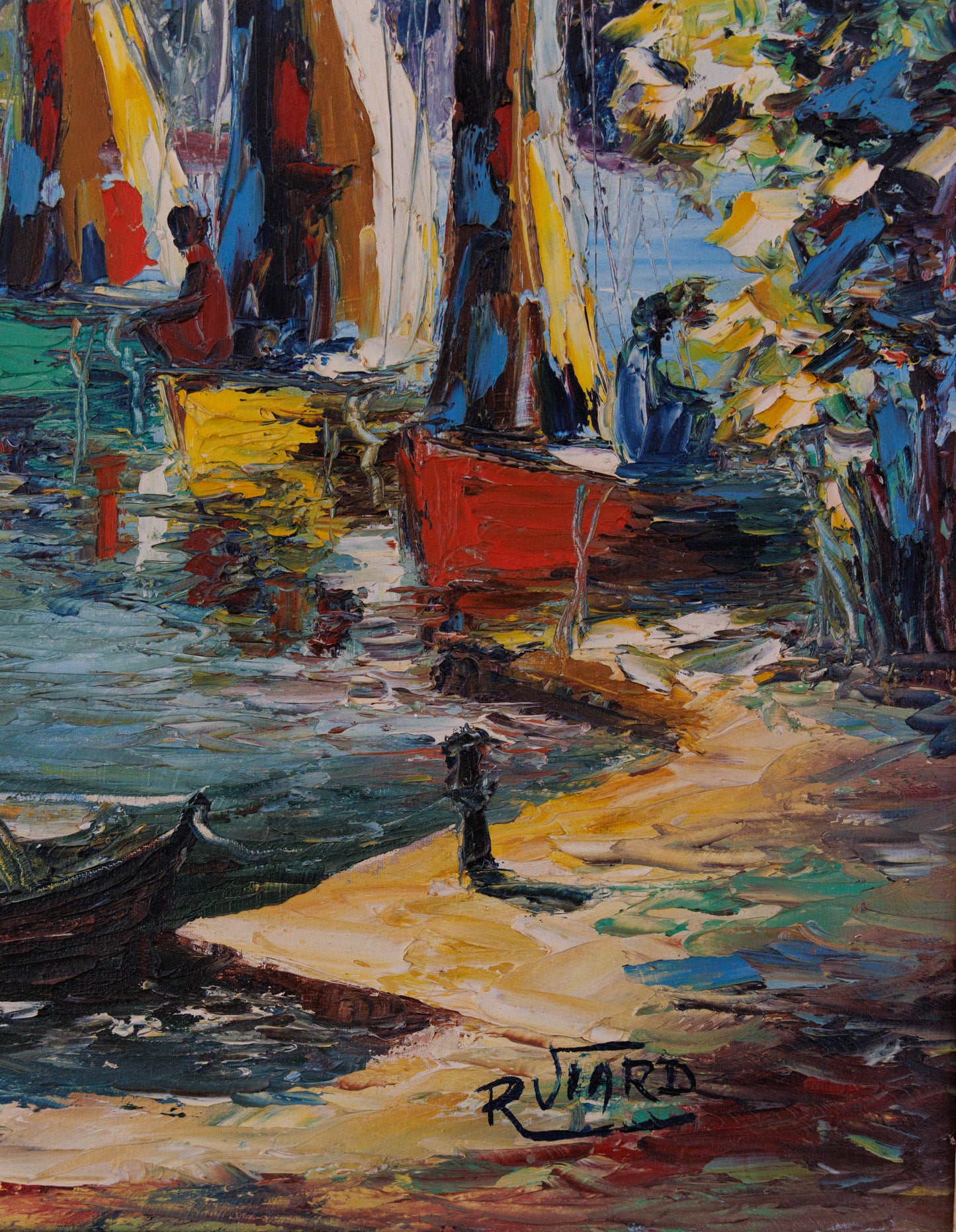 Raoul Viard (1921-1984) 24" x16" Harbor Scene with Sailboats 1980s Oil on Canvas Unframed Painting #1LW