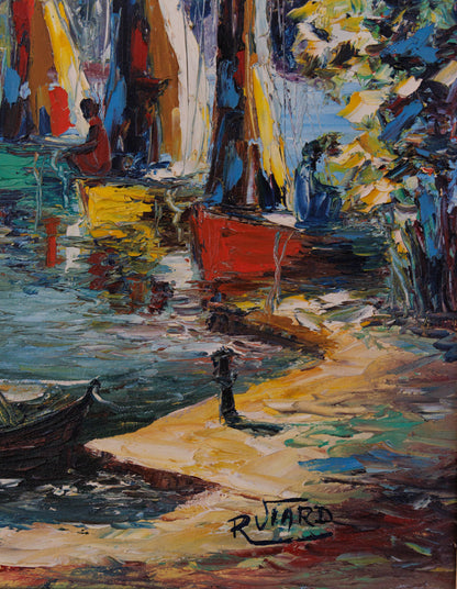 Raoul Viard (1921-1984) 24" x16" Harbor Scene with Sailboats 1980s Oil on Canvas Unframed Painting #1LW
