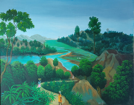 Raymond Dorleans (1947-2000) 24"x30" Green Landscape + River 1970 Oil on Canvas Painting#1WF