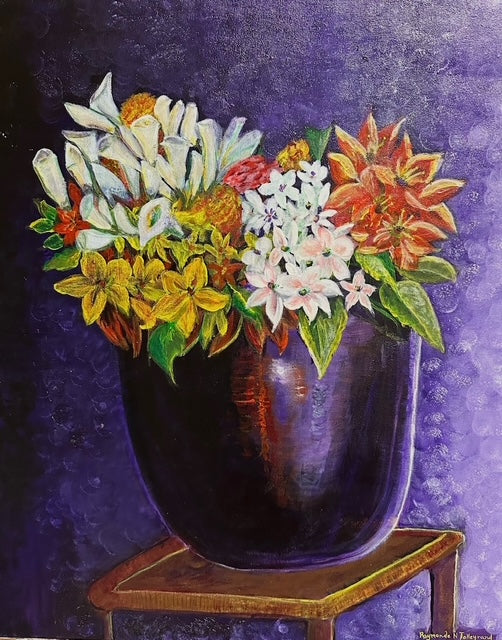 Raymonde Talleyrand 2024 Haitian floral acrylic painting 24x20 lilies and blossoms in purple vase on violet background.