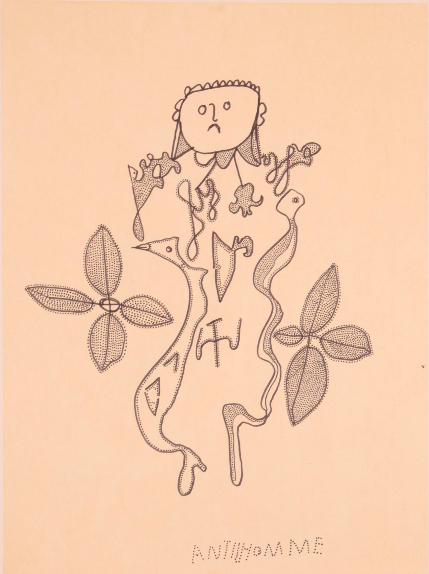 Artistic depiction of a stylized figure with leaves on a peach background