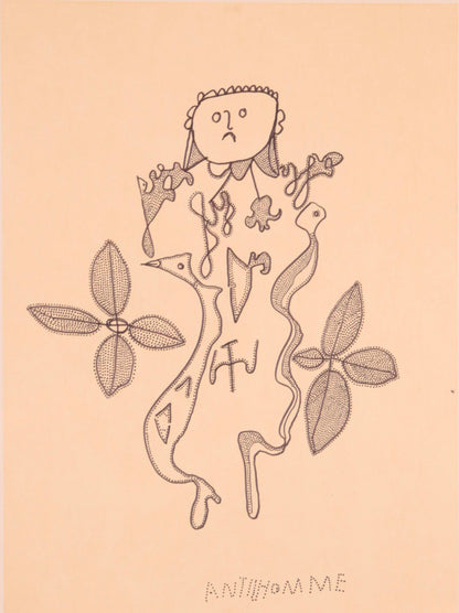 Artistic depiction of a stylized figure with leaves on a peach background