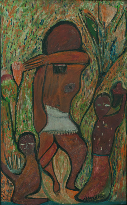 Painting by Robert Saint-Brice depicting a central figure with two smaller spirit-like figures in a textured green and orange landscape; oil on panel, expressive style, vibrant earthy tones.