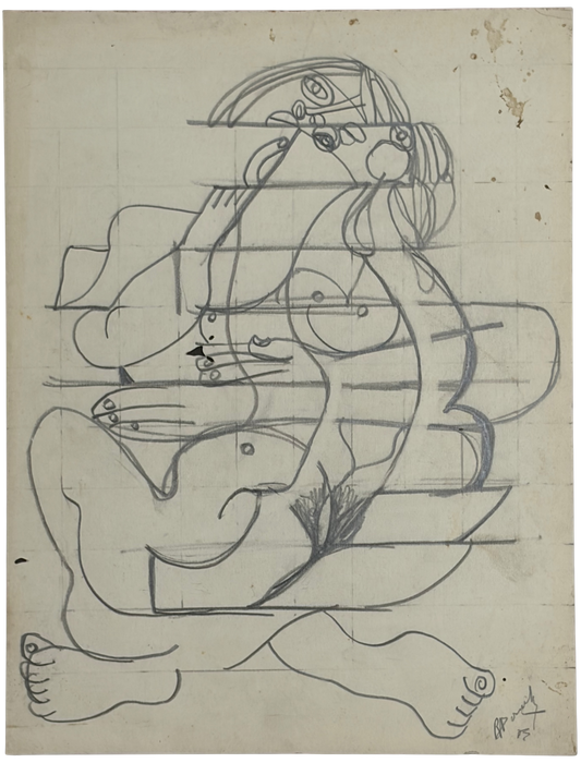 Roland Dorcely 1975 pencil drawing Cubist Female Nude Study #3
