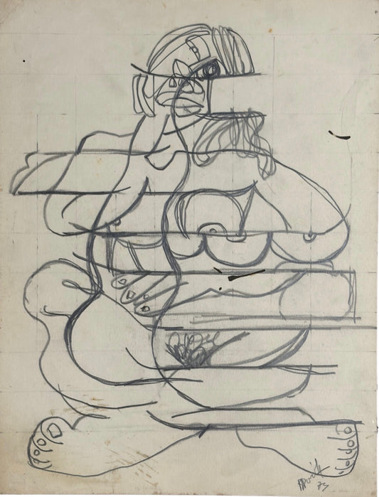 Roland Dorcely 1974 pencil drawing Cubist Female Nude Study #2
