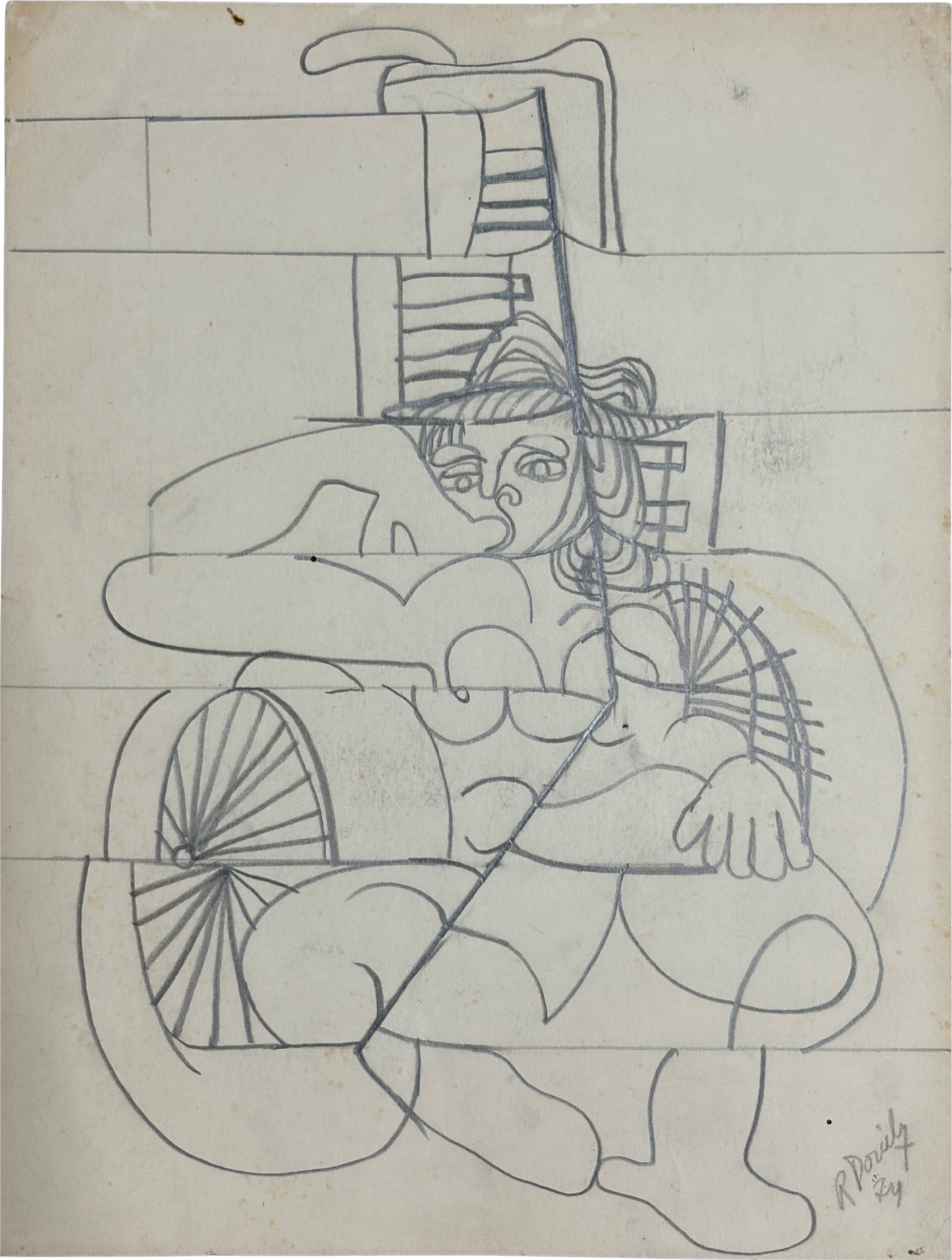 Roland Dorcely 1974 pencil drawing Cubist Nude in Wheelchair