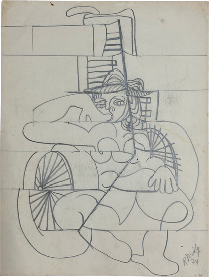 Roland Dorcely 1974 pencil drawing Cubist Nude in Wheelchair